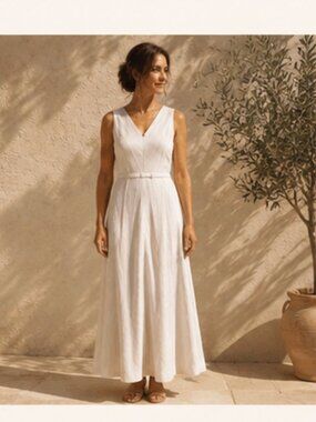 Mediterranean Linen Blend Bow Belted Maxi Dress Petite Size 10 Positive Attitude